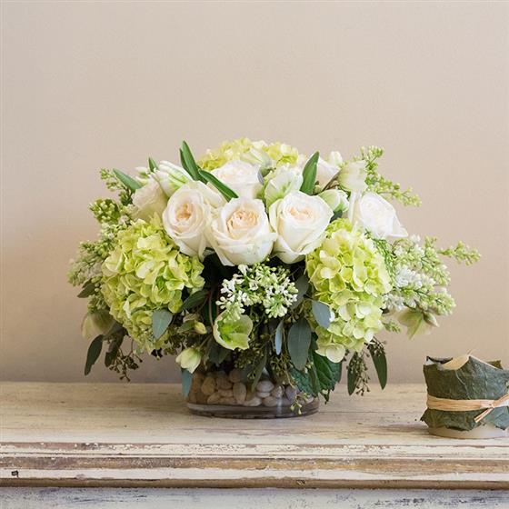 Table Arrangement White and Green Hydrangea and Rose